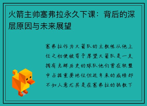 火箭主帅塞弗拉永久下课：背后的深层原因与未来展望